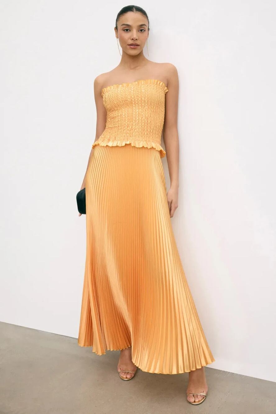 L'IDEE Maya Strapless Pleated Maxi Gown in Orange/ Yellow SIZE 8